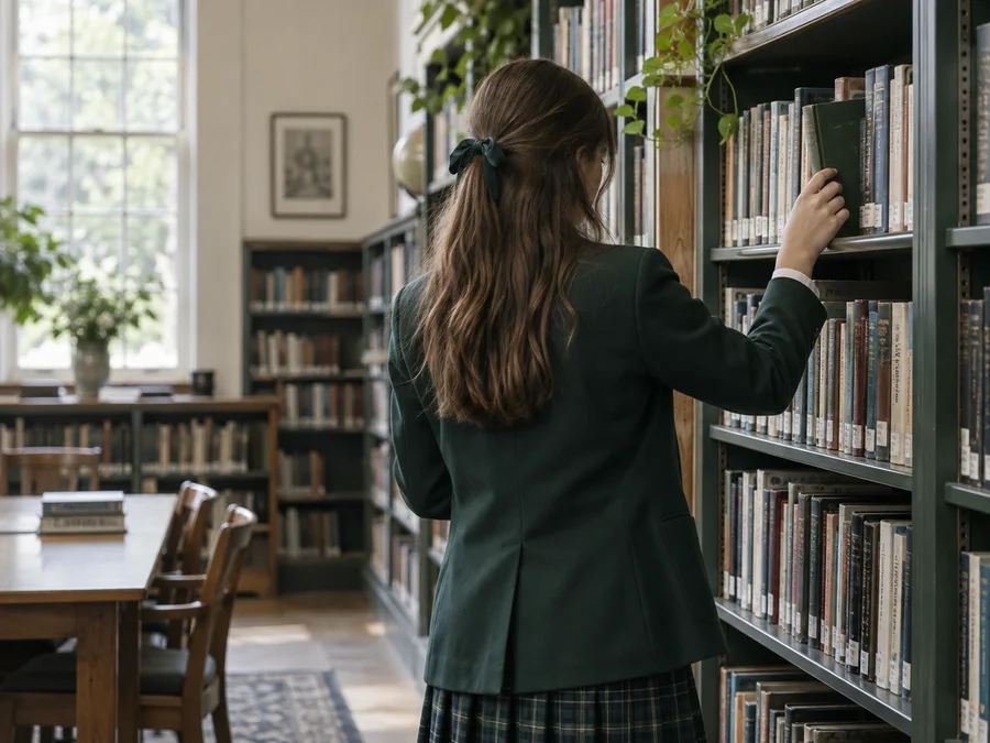 A student choosing a book from library shelves