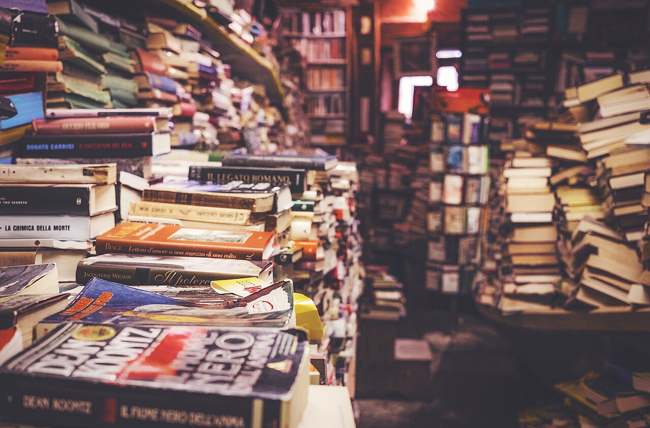 Shelves and stacks of books at Libreria Acqua Alta in Venice