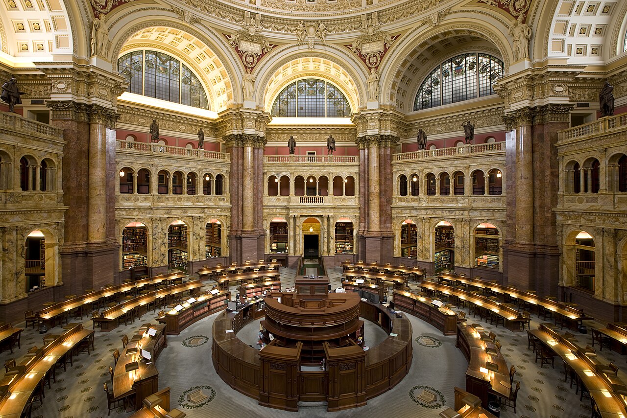 Books and reading desks in the Library of Congress Main Reading Room