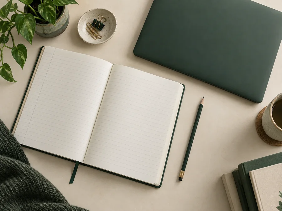 An open notebook and laptop on a study desk