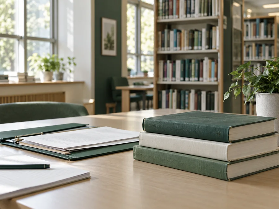 Books and teaching folders on a library desk